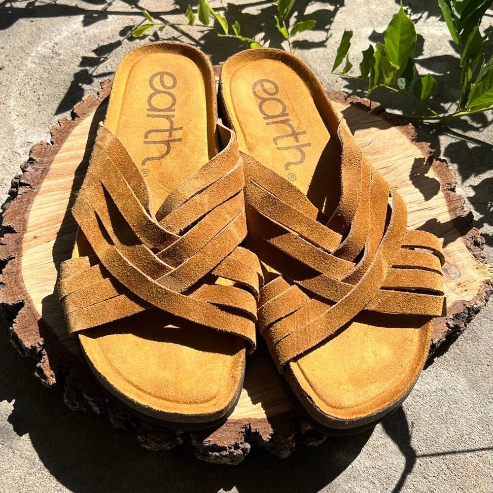 Earth Atlas Square Toe Slip-on Strappy Casual Sandals Brown Suede Size 11